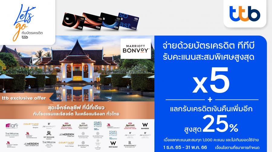 บัตรเครดิต ทีทีบี จับมือโรงแรมและรีสอร์ต ในเครือแมริออททั่วไทย    มอบคะแนนสะสมพิเศษสูงสุด 5 เท่า พร้อมแลกรับเครดิตเงินคืนสูงสุด 25%