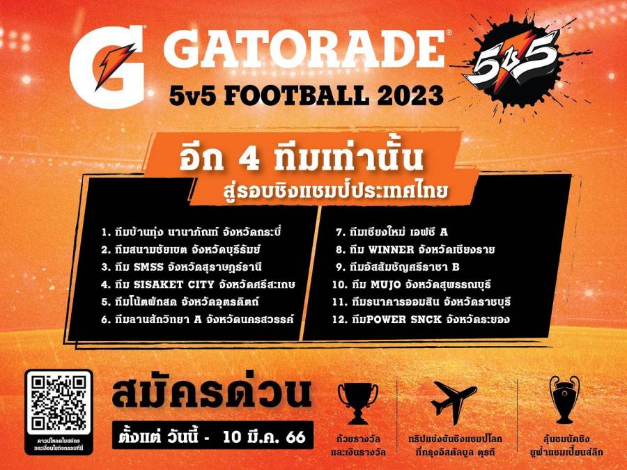   “เกเตอเรด” ประกาศ 12 ทีม พร้อมชวนลุ้น 4 ทีมสุดท้าย เข้าสู่รอบชิงแชมป์ประเทศไทย ในการแข่งขัน Gatorade 5v5 Football 2023
