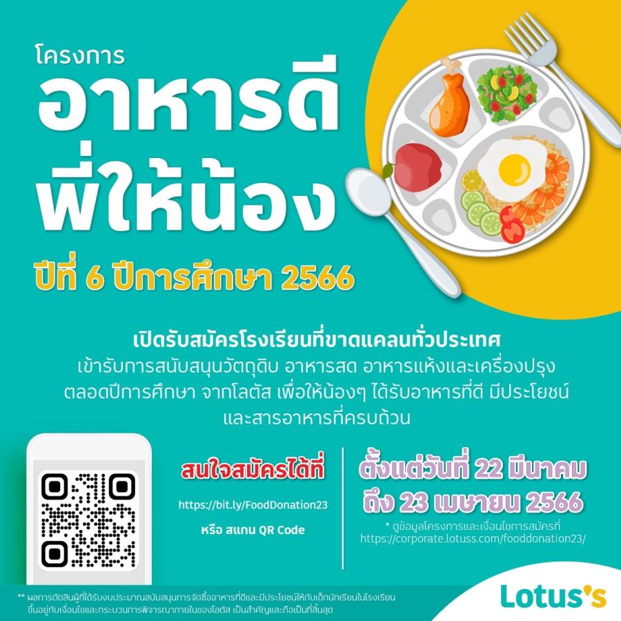 โลตัส เปิดรับสมัครโรงเรียนเข้าร่วมโครงการ “อาหารดีพี่ให้น้อง” ปีที่ 6  สนันสนุนวัตถุดิบอาหารกลางวัน ให้นักเรียนทั่วประเทศเข้าถึงอาหารดีมีประโยชน์  