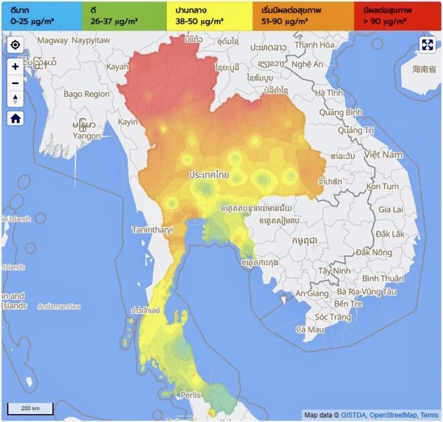 ดาวเทียมพบจุดความร้อนของไทยวานนี้ขยับขึ้นเล็กน้อย 1,328 จุด ## PM2.5 เช้านี้ยังคงเกินค่ามาตรฐานเกือบ 30 จังหวัด ## เชียงรายยังคงนำกว่า 160 ไมโครกรัม ส่วน กทม. อยู่ระดับปานกลาง ดาวเทียมพบจุดความร้อนของไทยวานนี้ขยับขึ้นเล็กน้อย 1,328 จุด ## PM2.5 เช้านี้ยังคงเกินค่ามาตรฐานเกือบ 30 จังหวัด ## เชียงรายยังคงนำกว่า 160 ไมโครกรัม ส่วน กทม. อยู่ระดับปานกลาง