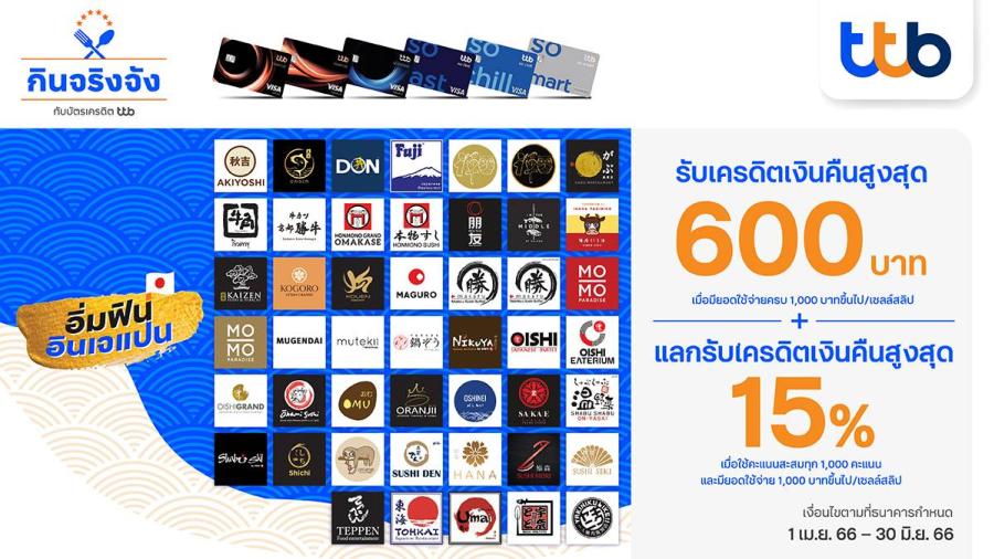 บัตรเครดิต ttb จับมือ 48 ร้านอาหารญี่ปุ่นชื่อดัง มอบเครดิตเงินคืนสูงสุด 600 บาท พร้อมแลกคะแนนรับเครดิตเงินคืนสูงสุด 15% บัตรเครดิต ttb จับมือ 48 ร้านอาหารญี่ปุ่นชื่อดัง มอบเครดิตเงินคืนสูงสุด 600 บาท พร้อมแลกคะแนนรับเครดิตเงินคืนสูงสุด 15%