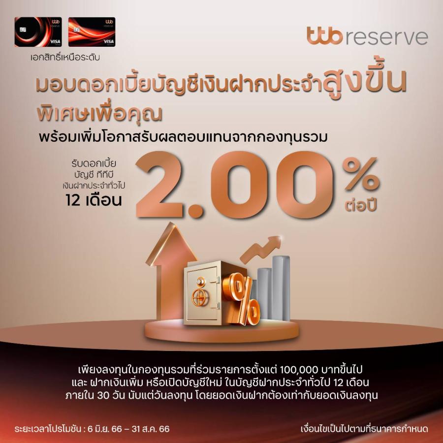 ทีเอ็มบีธนชาต ต่อยอดความมั่งคั่งไม่มีที่สิ้นสุด ด้วยโปรแกรมพิเศษครั้งแรกสำหรับลูกค้ากองทุนรวม รับดอกเบี้ยพิเศษบัญชีฝากประจำ 12 เดือนสูงถึง 2.00 % ต่อปี ทีเอ็มบีธนชาต ต่อยอดความมั่งคั่งไม่มีที่สิ้นสุด ด้วยโปรแกรมพิเศษครั้งแรกสำหรับลูกค้ากองทุนรวม รับดอกเบี้ยพิเศษบัญชีฝากประจำ 12 เดือนสูงถึง 2.00 % ต่อปี