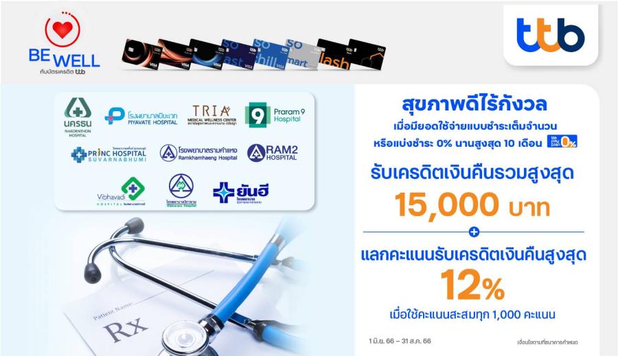 บัตรเครดิต ttb มอบสิทธิพิเศษเพื่อสุขภาพที่ดี กับโรงพยาบาลชั้นนำที่ร่วมรายการ  รับเครดิตเงินคืนรวมสูงสุด 15,000 บาท และแลกคะแนนรับเครดิตเงินคืนสูงสุด 12%