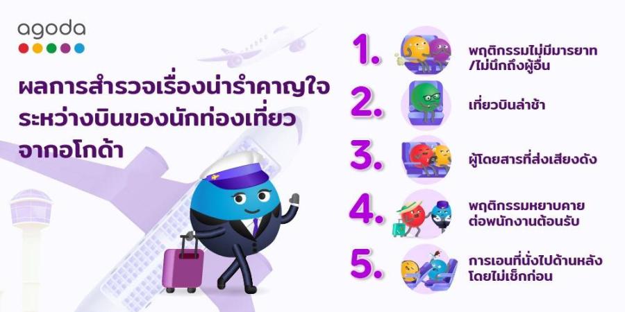 อโกด้าเผยผลการสำรวจเรื่องน่ารำคาญใจระหว่างเที่ยวบินของนักเดินทาง การก้าวก่ายพื้นที่ส่วนตัว เที่ยวบินล่าช้า และผู้โดยสารที่เสียงดัง เป็น 3 เรื่องที่ทำให้นักเดินทางรู้สึกรำคาญใจมากที่สุด