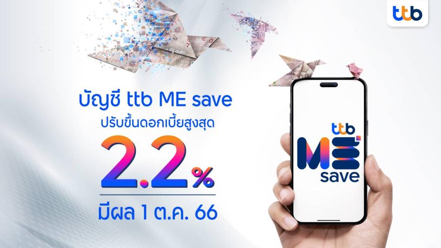 ทีทีบี ประกาศปรับขึ้นดอกเบี้ยบัญชี ttb ME save รับดอกเบี้ยสูงสุดรวมโบนัส 2.20% มีผล 1 ต.ค. 66