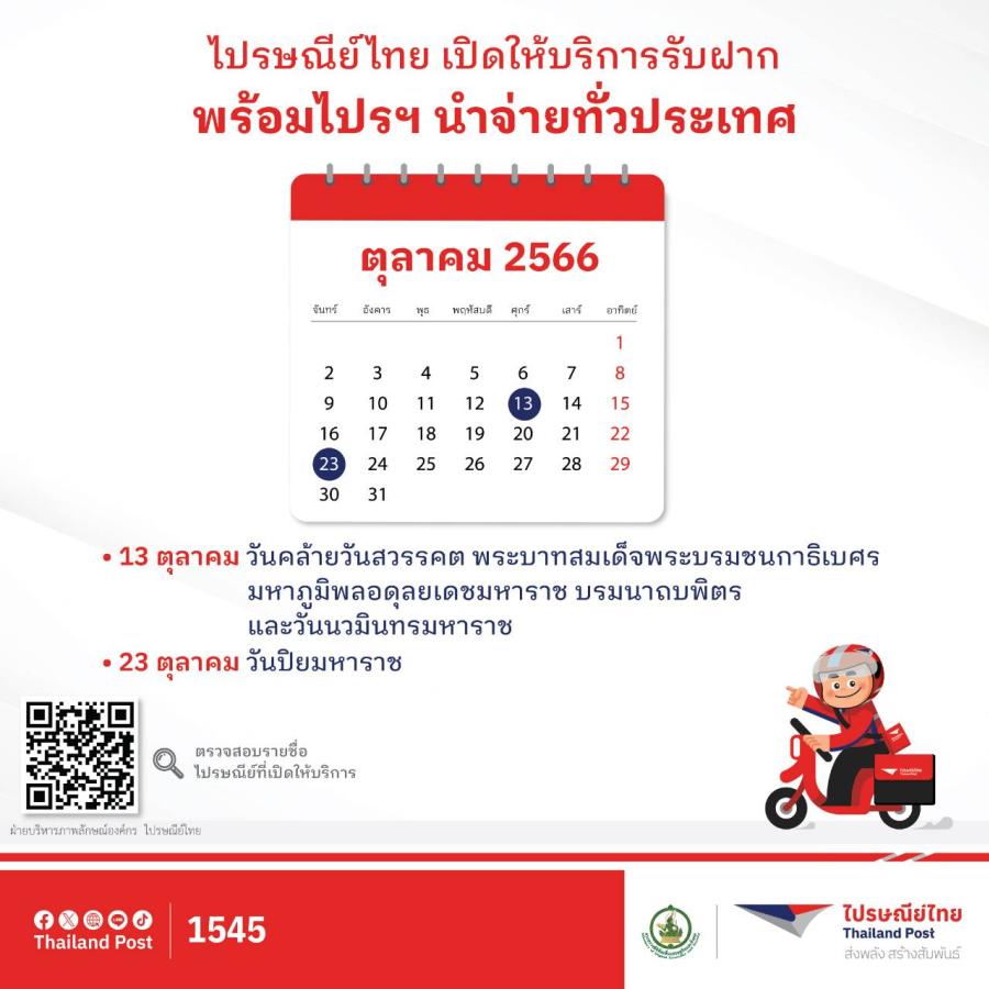 ไปรษณีย์ไทยเปิดให้บริการรับฝากตามปกติในวันหยุดเดือนตุลาคม และพร้อมไปรฯ นำจ่ายตามปกติทุกแห่งทั่วประเทศ ไปรษณีย์ไทยเปิดให้บริการรับฝากตามปกติในวันหยุดเดือนตุลาคม และพร้อมไปรฯ นำจ่ายตามปกติทุกแห่งทั่วประเทศ