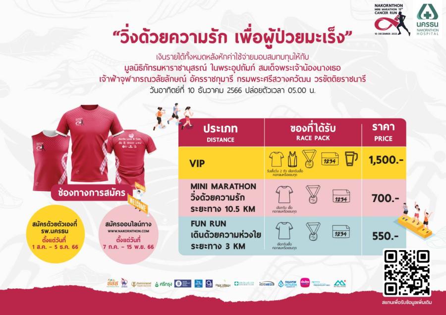 ขอเชิญคนรักสุขภาพร่วมกิจกรรม เดิน-วิ่งมหากุศล นครธน มินิมาราธอน ครั้งที่ 13 “วิ่งด้วยความรัก เพื่อผู้ป่วยมะเร็ง” ขอเชิญคนรักสุขภาพร่วมกิจกรรม เดิน-วิ่งมหากุศล นครธน มินิมาราธอน ครั้งที่ 13 “วิ่งด้วยความรัก เพื่อผู้ป่วยมะเร็ง”