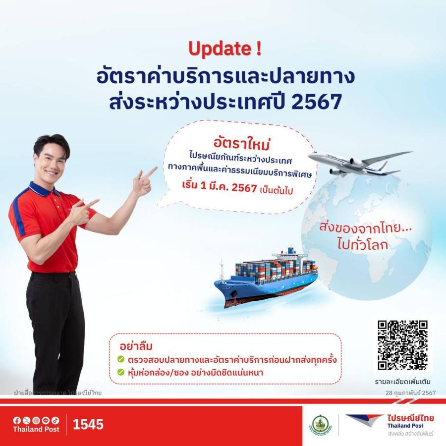 ไปรษณีย์ไทยแจ้งปรับอัตราใหม่ค่าบริการไปรษณียภัณฑ์ระหว่างประเทศทาง ภาคพื้น-ค่าธรรมเนียมบริการพิเศษ เริ่มแล้ววันนี้