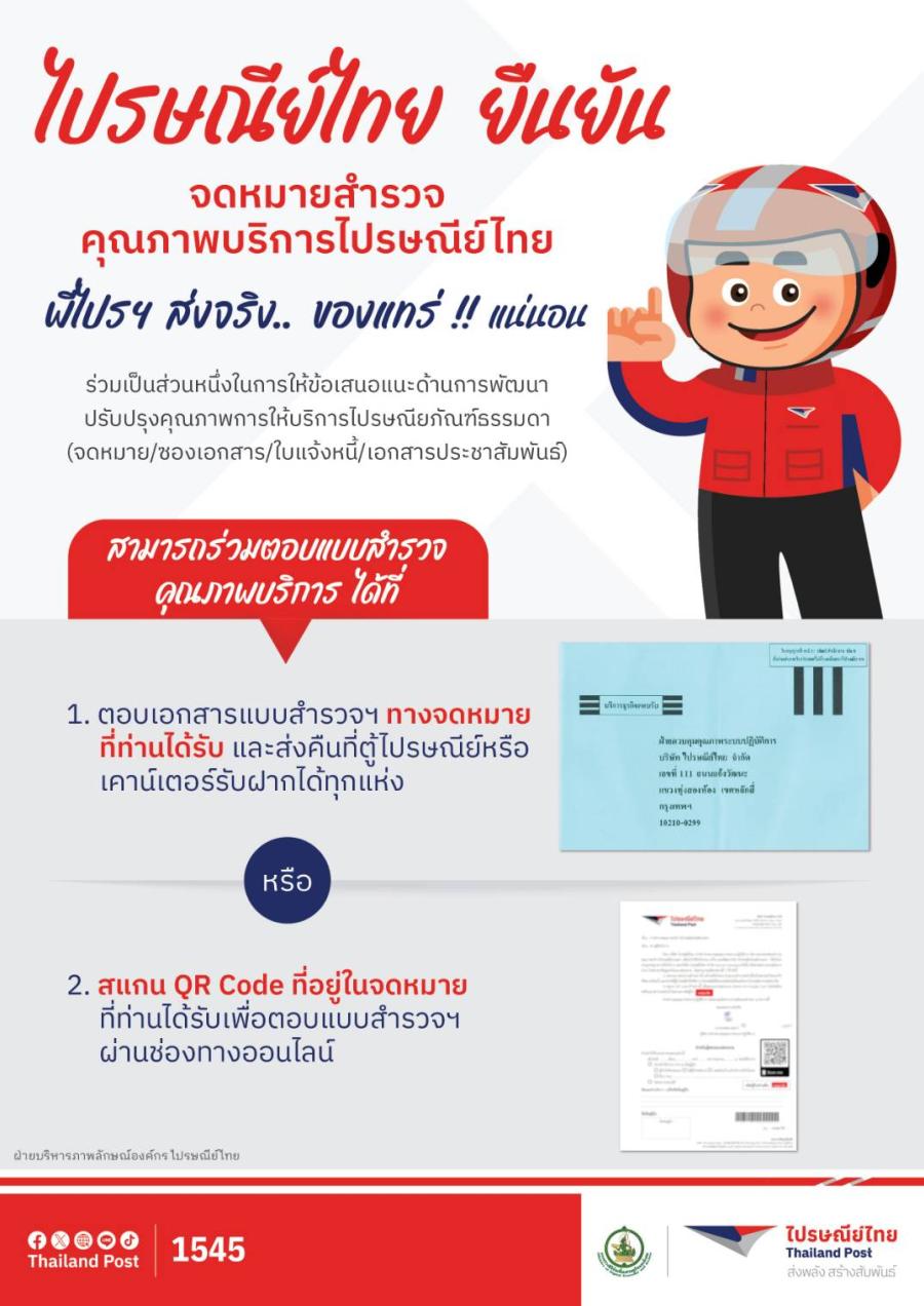 ไปรษณีย์ไทยแจ้งผู้ใช้บริการ จดหมายสำรวจคุณภาพบริการไปรษณีย์เป็นของจริง