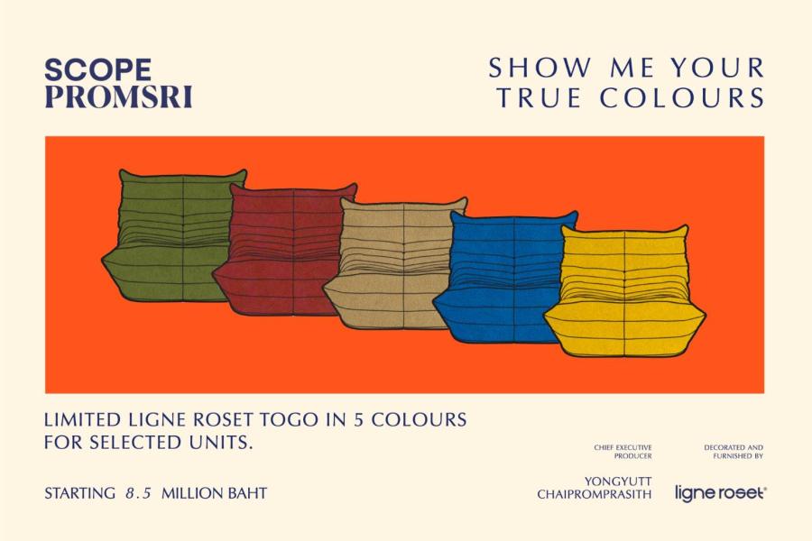 SCOPE Promsri ชวนลูกค้า International Premium มาสะท้อนสีสันที่ใช่ในแบบของตนเอง กับโปรโมชั่นรับฟรี! Togo Sofa เฟอร์นิเจอร์ระดับไอคอนิก จาก ‘Ligne Roset’ พร้อมส่วนลด 1.5 แสนบาท เมื่อซื้อห้องในโครงการ เฉพาะ Selected Units เท่านั้น SCOPE Promsri ชวนลูกค้า International Premium มาสะท้อนสีสันที่ใช่ในแบบของตนเอง กับโปรโมชั่นรับฟรี! Togo Sofa เฟอร์นิเจอร์ระดับไอคอนิก จาก ‘Ligne Roset’ พร้อมส่วนลด 1.5 แสนบาท เมื่อซื้อห้องในโครงการ เฉพาะ Selected Units เท่านั้น