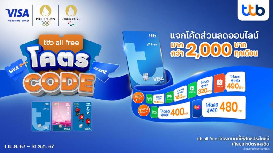 บัตรเดบิต ttb all free จัดแคมเปญใหญ่ โคตร CODE ออนไลน์ จับมือพันธมิตรมอบโค้ดส่วนลด มากกว่า 2000 บาทให้ใช้ทุกเดือน ตลอดปี บัตรเดบิต ttb all free จัดแคมเปญใหญ่ โคตร CODE ออนไลน์ จับมือพันธมิตรมอบโค้ดส่วนลด มากกว่า 2000 บาทให้ใช้ทุกเดือน ตลอดปี