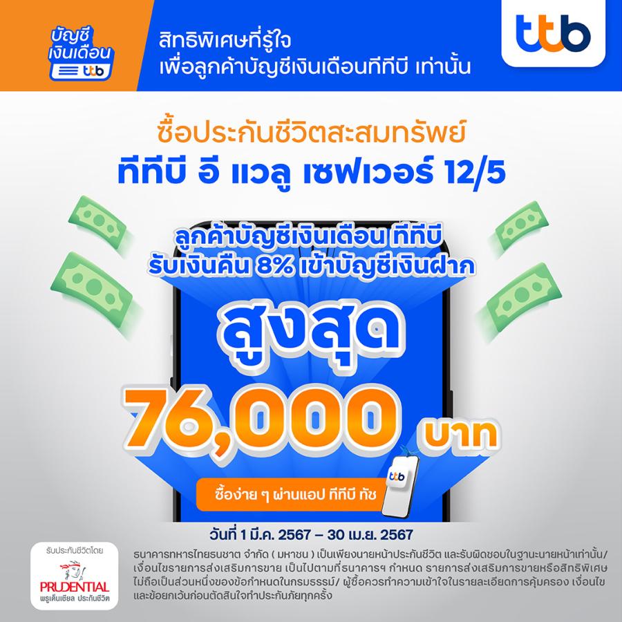 ทีเอ็มบีธนชาต จัดโปรโมชันมอบสิทธิพิเศษเพื่อลูกค้าบัญชีเงินเดือน ทีทีบี  รับเงินคืน 8% เพียงชำระค่าเบี้ย “ประกันชีวิตสะสมทรัพย์ ทีทีบี อี แวลู เซฟเวอร์ 12/5” ผ่านแอป ทีทีบี ทัช   