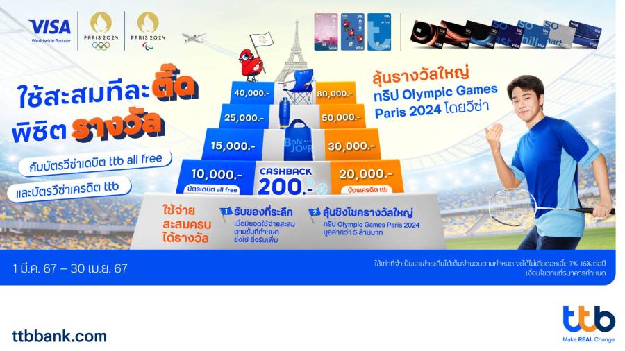บัตรเครดิต ttb จับมือ วีซ่า ต้อนรับ Olympic Games Paris 2024  มอบเครดิตเงินคืน-แจกของรางวัล พร้อมสิทธิ์ลุ้นเที่ยวปารีส-ชมพิธีปิดการแข่งขัน 