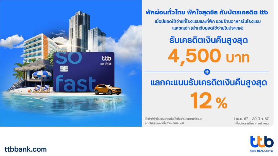 บัตรเครดิต ttb มอบสิทธิ์สุดคุ้ม พักผ่อนทั่วไทย พักใจสุดชิล รับเครดิตเงินคืนสูงสุด 4500 บาท พร้อมแลกคะแนนรับเครดิตเงินคืนสูงสุด 12% บัตรเครดิต ttb มอบสิทธิ์สุดคุ้ม พักผ่อนทั่วไทย พักใจสุดชิล รับเครดิตเงินคืนสูงสุด 4500 บาท พร้อมแลกคะแนนรับเครดิตเงินคืนสูงสุด 12%
