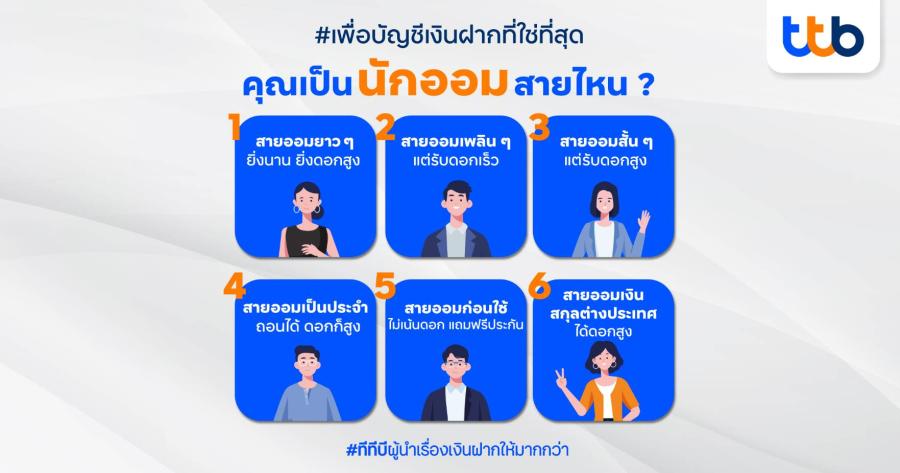 คุณเป็นนักออมสายไหน  ทีทีบี ชวนมาค้นหาบัญชีเงินออมที่ใช่เหมาะกับไลฟ์สไตล์การเงินของคุณ