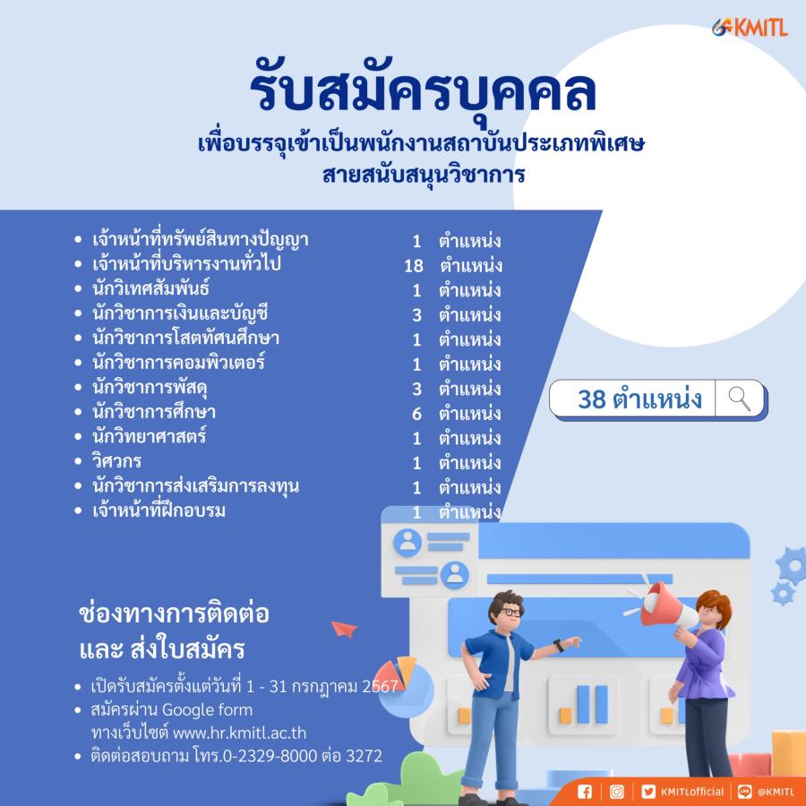 สจล. เปิดรับสมัครบุคคลที่สำเร็จการศึกษาระดับปริญญาตรี -  ปริญญาโท ทุกสาขา เพื่อบรรจุเป็นพนักงานสถาบันประเภทพิเศษ สายสนับสนุนวิชาการ จำนวน 38 ตำแหน่ง