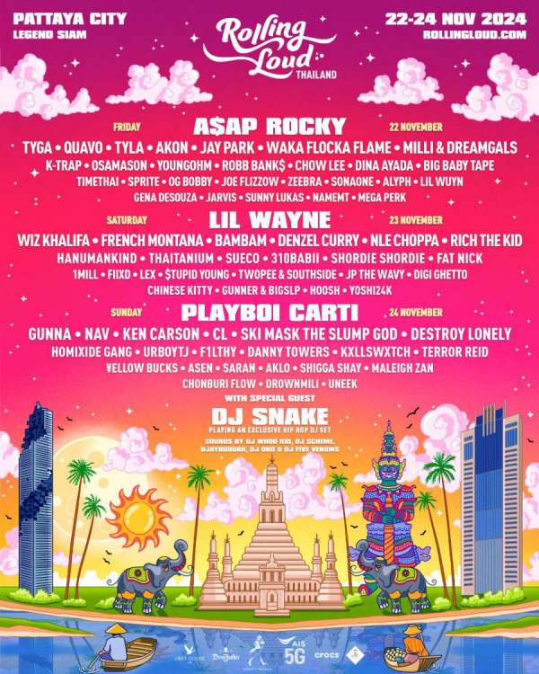 Rolling Loud Thailand 2024 ประกาศ Full Lineup จัดเต็ม!  Playboi Carti A$AP Rocky Lil Wayne แท็กทีมเป็นเฮดไลน์เนอร์