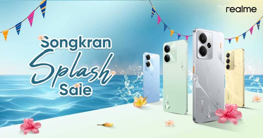 พร้อมสาดความมันส์!  realme ยกขบวนมือถือทนน้ำจัดโปรฉ่ำ  ต้อนรับ Songkran Splash Sale ทั้ง C75  Note 60 series และ 14 Series เริ่มต้นที่ 2999 บาท  รับส่วนลดพร้อมของขวัญพรีเมียม ฟรี ตั้งแต่ 12-30 เมษายนนี้เท่านั้น   ที่ realme Brand Shop ศูนย์จำหน่าย และแพลตฟอร์มออนไลน์ชั้นนำ