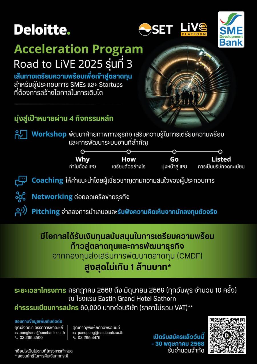 ดีลอยท์ จับมือ SME D Bank สายการบินโครงการ Road to LiVE 2025 รุ่นที่ 3 ติดปีกผีเสื้อ สูง สู่ตลาดทุน ดีลอยท์ จับมือ SME D Bank สายการบินโครงการ Road to LiVE 2025 รุ่นที่ 3 ติดปีกผีเสื้อ สูง สู่ตลาดทุน