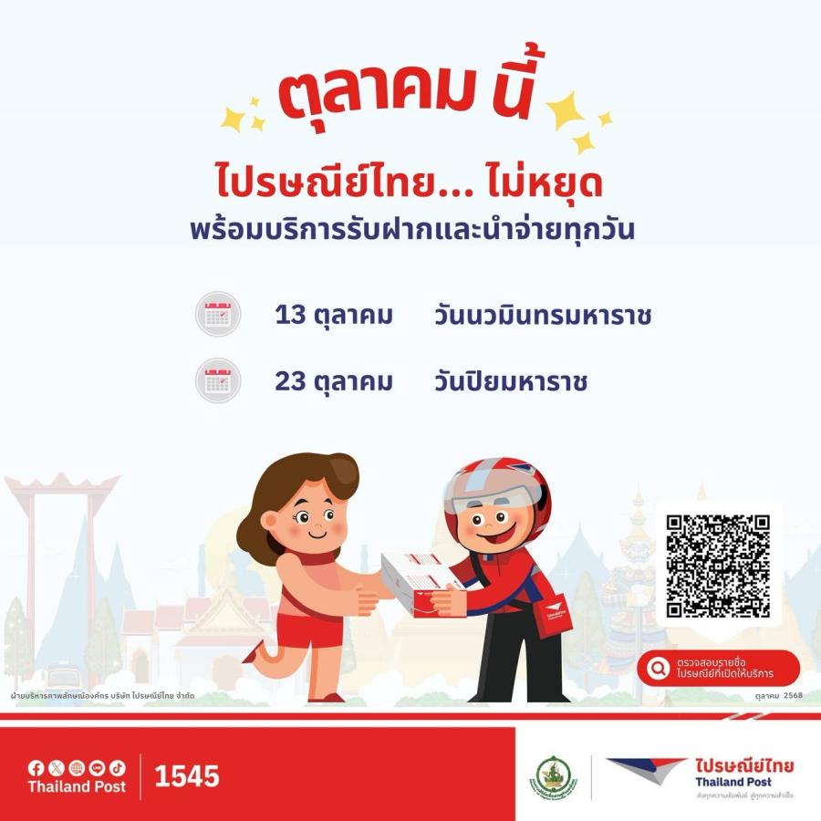 ตุลาคมนี้ ไปรษณีย์ไทยไม่มีหยุด!! เปิดให้บริการรับฝากและนำจ่าย ในวันหยุด และวันหยุดต่อเนื่องตามปกติทั่วประเทศ ตุลาคมนี้ ไปรษณีย์ไทยไม่มีหยุด!! เปิดให้บริการรับฝากและนำจ่าย ในวันหยุด และวันหยุดต่อเนื่องตามปกติทั่วประเทศ